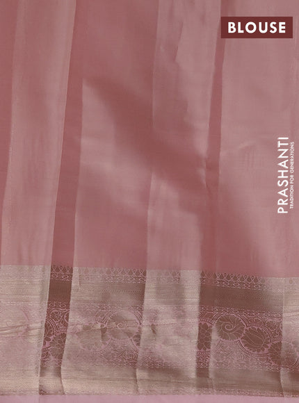 Semi kanchipuram tissue silk saree peach shade with allover silver zari woven brocade weaves and zari woven border
