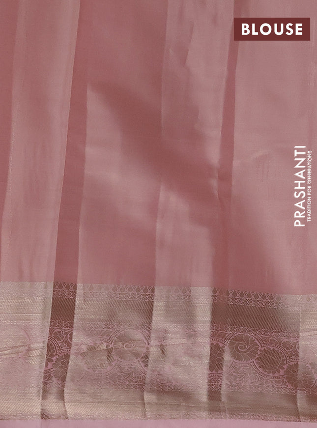 Semi kanchipuram tissue silk saree peach shade with allover silver zari woven brocade weaves and zari woven border