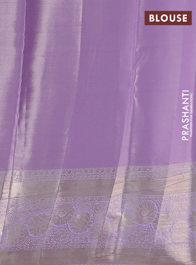 Semi kanchipuram tissue silk saree lavender with allover silver zari woven brocade weaves and zari woven border