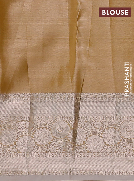 Semi kanchipuram tissue silk saree sandal with allover silver zari woven brocade weaves and zari woven border