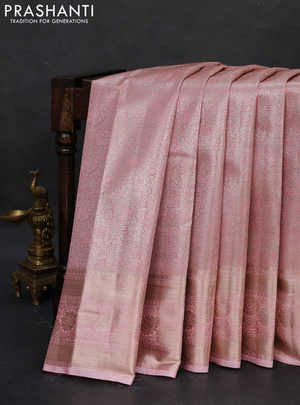 Semi kanchipuram tissue silk saree baby pink with allover silver zari woven brocade weaves and zari woven border