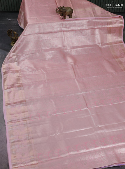 Semi kanchipuram tissue silk saree baby pink with allover silver zari woven brocade weaves and zari woven border