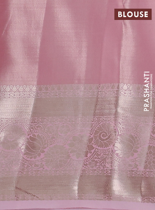 Semi kanchipuram tissue silk saree baby pink with allover silver zari woven brocade weaves and zari woven border