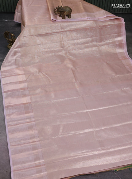 Semi kanchipuram tissue silk saree pastel peach and baby pink with allover silver zari woven brocade weaves and long zari woven border
