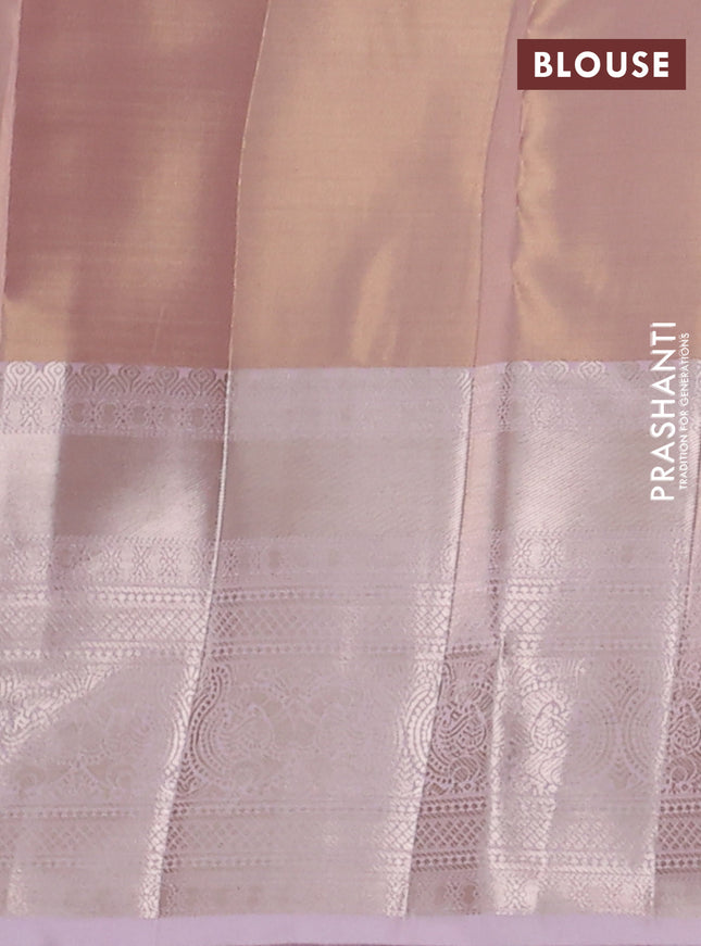 Semi kanchipuram tissue silk saree pastel peach and baby pink with allover silver zari woven brocade weaves and long zari woven border