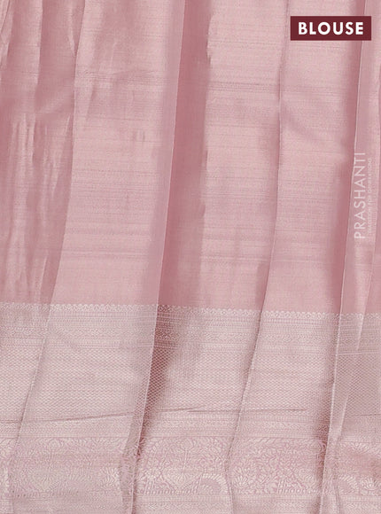 Semi kanchipuram tissue silk saree peach with allover silver zari woven brocade weaves and long zari woven border