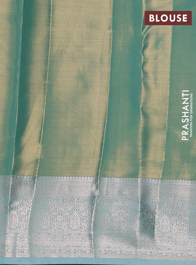 Semi kanchipuram tissue silk saree teal with allover silver zari woven brocade weaves and zari woven border