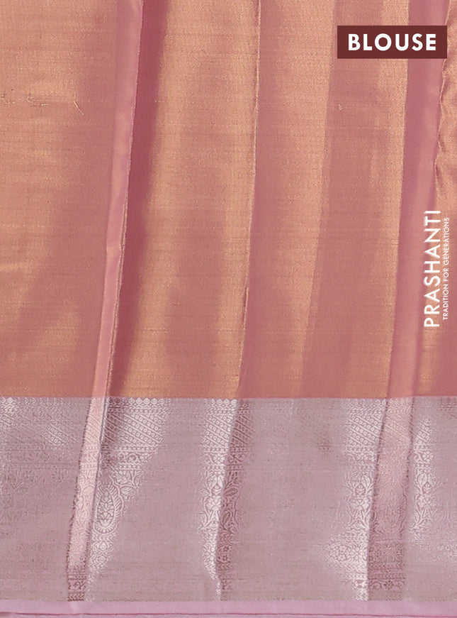 Semi kanchipuram tissue silk saree peach shade with allover silver zari woven brocade weaves and zari woven border
