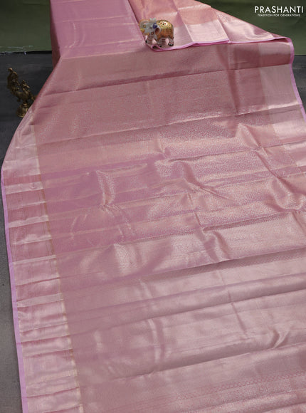 Semi kanchipuram tissue silk saree light pink with allover silver zari woven brocade weaves and zari woven border