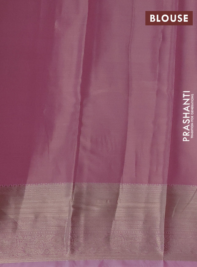 Semi kanchipuram tissue silk saree light pink with allover silver zari woven brocade weaves and zari woven border