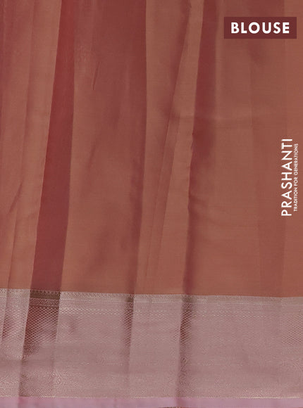 Semi kanchipuram tissue silk saree dual shade of peach and mild peach pink with allover silver zari woven brocade weaves and zari woven border