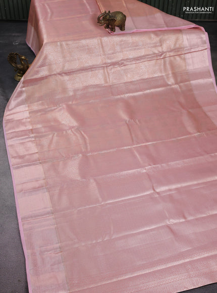 Semi kanchipuram tissue silk saree peach orange and peach pink with allover silver zari woven brocade weaves and zari woven border