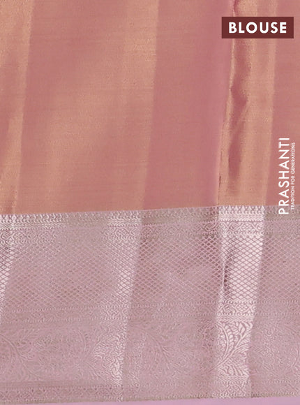 Semi kanchipuram tissue silk saree peach orange and peach pink with allover silver zari woven brocade weaves and zari woven border