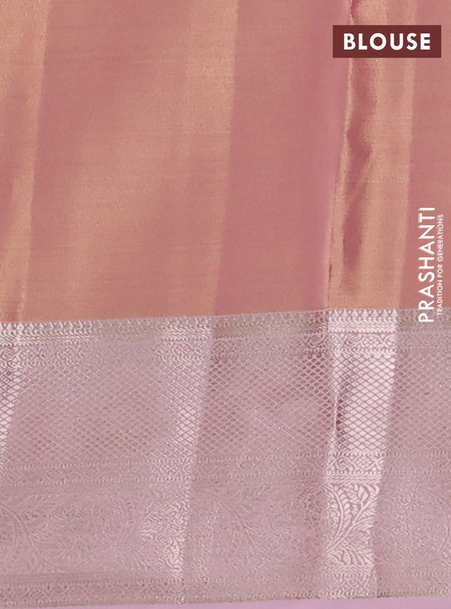 Semi kanchipuram tissue silk saree peach orange and peach pink with allover silver zari woven brocade weaves and zari woven border