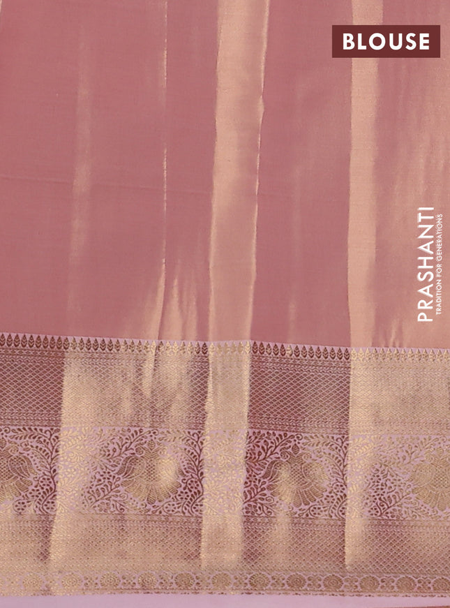 Semi kanchipuram tissue silk saree peach orange with allover silver zari woven brocade weaves and zari woven border