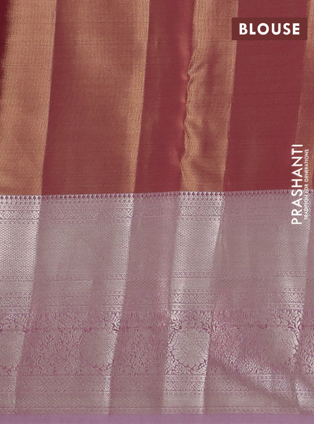 Semi kanchipuram tissue silk saree dual shade of pinkish gold and pastel pink with allover silver zari woven brocade weaves and long zari woven border