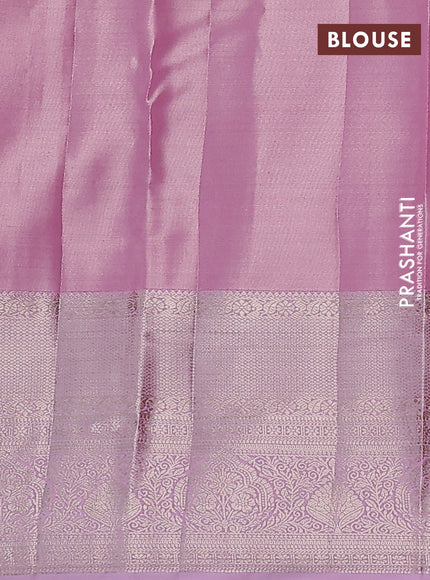 Semi kanchipuram tissue silk saree light pink with allover silver zari woven brocade weaves and long zari woven border