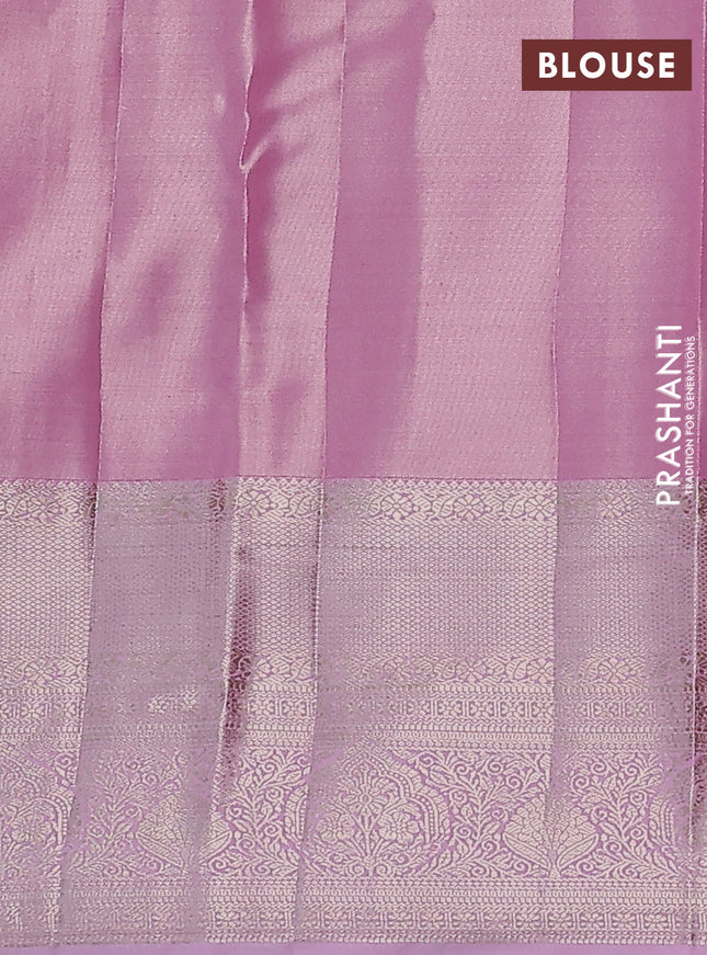 Semi kanchipuram tissue silk saree light pink with allover silver zari woven brocade weaves and long zari woven border