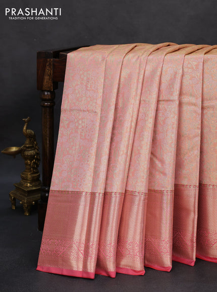 Semi kanchipuram tissue silk saree peach orange shade and peach pink with allover zari woven brocade weaves and zari woven border