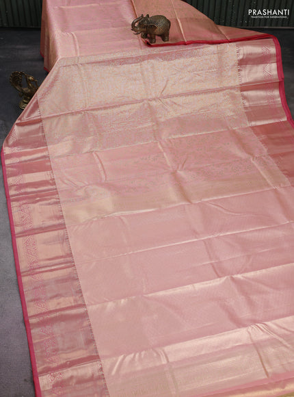 Semi kanchipuram tissue silk saree peach orange shade and peach pink with allover zari woven brocade weaves and zari woven border