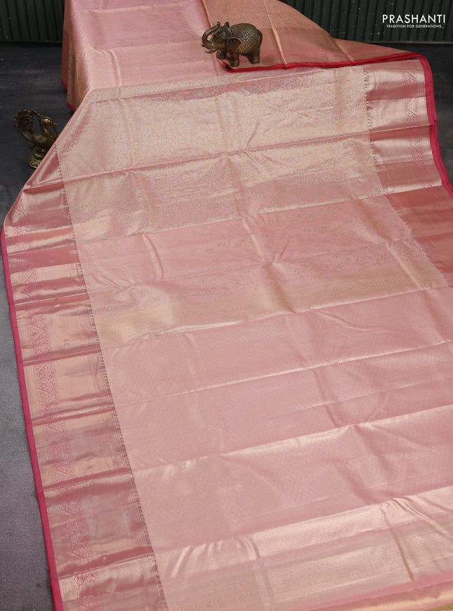 Semi kanchipuram tissue silk saree peach orange shade and peach pink with allover zari woven brocade weaves and zari woven border
