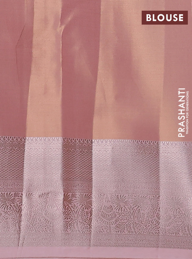 Semi kanchipuram tissue silk saree mild peach orange with allover silver zari woven brocade weaves and zari woven border