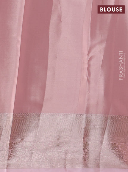 Semi kanchipuram tissue silk saree peach shade with allover silver zari woven brocade weaves and zari woven border