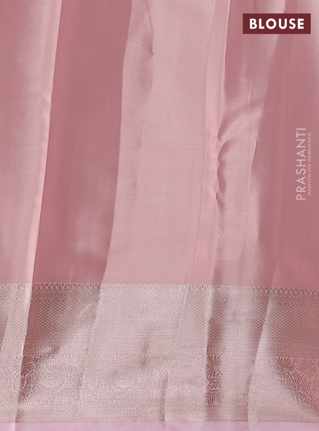 Semi kanchipuram tissue silk saree peach shade with allover silver zari woven brocade weaves and zari woven border