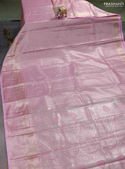 Semi kanchipuram tissue silk saree light pink with allover silver zari woven brocade weaves and long zari woven border