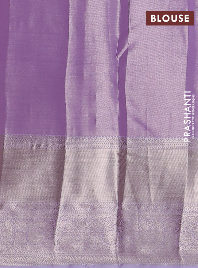 Semi kanchipuram tissue silk saree lavender with allover silver zari woven brocade weaves and long zari woven border