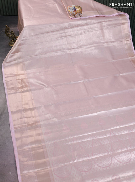 Semi kanchipuram tissue silk saree baby pink with allover silver zari woven brocade weaves and long zari woven border