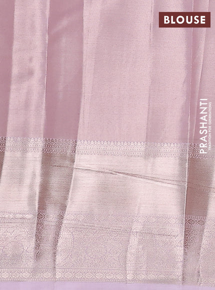 Semi kanchipuram tissue silk saree baby pink with allover silver zari woven brocade weaves and long zari woven border