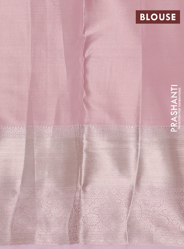 Semi kanchipuram tissue silk saree mild peach with allover silver zari woven brocade weaves and long zari woven border