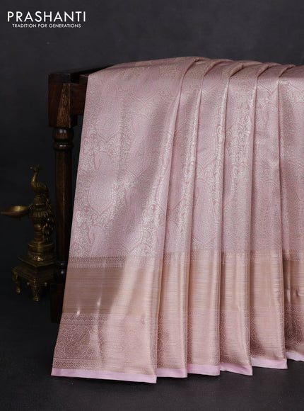 Semi kanchipuram tissue silk saree baby pink with allover silver zari woven paisley brocade weaves and long zari woven border