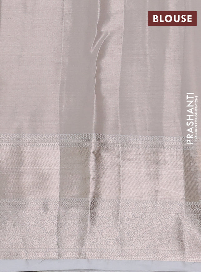 Semi kanchipuram tissue silk saree beige and off white with allover silver zari woven brocade weaves and long zari woven border