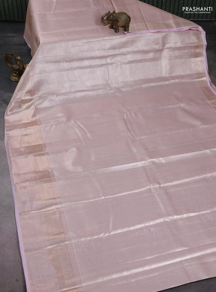 Semi kanchipuram tissue silk saree baby pink with allover silver zari woven brocade weaves and long zari woven border