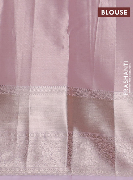 Semi kanchipuram tissue silk saree baby pink with allover silver zari woven brocade weaves and long zari woven border