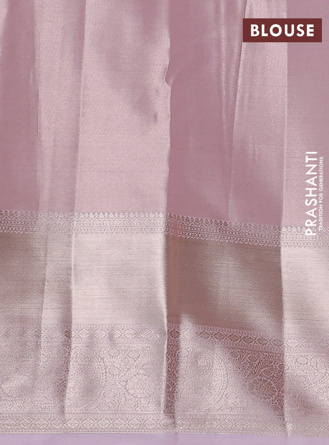 Semi kanchipuram tissue silk saree baby pink with allover silver zari woven brocade weaves and long zari woven border