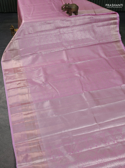 Semi kanchipuram tissue silk saree light pink with allover silver zari woven brocade weaves and long zari woven border