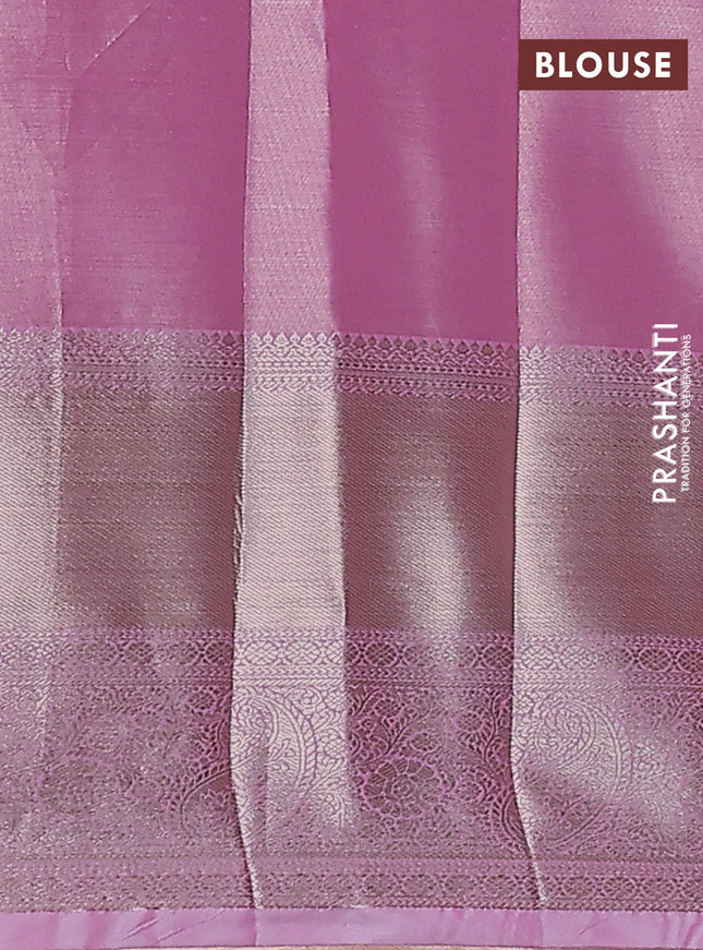 Semi kanchipuram tissue silk saree light pink with allover silver zari woven brocade weaves and long zari woven border