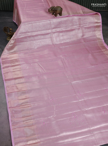Semi kanchipuram tissue silk saree light pink with allover silver zari woven brocade weaves and long zari woven border