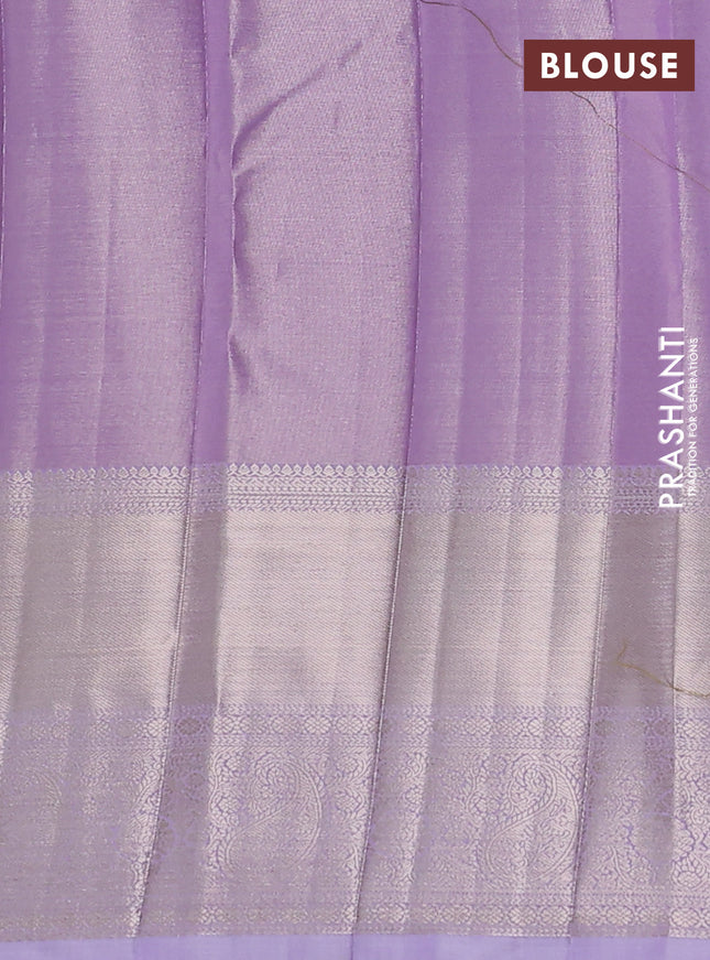 Semi kanchipuram tissue silk saree lavender with allover silver zari woven brocade weaves and long zari woven border