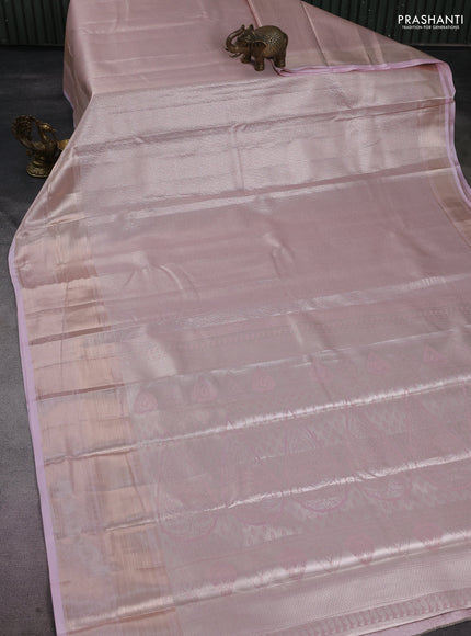 Semi kanchipuram tissue silk saree baby pink with allover silver zari woven brocade weaves and long zari woven border