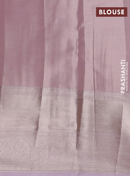 Semi kanchipuram tissue silk saree baby pink with allover silver zari woven brocade weaves and long zari woven border