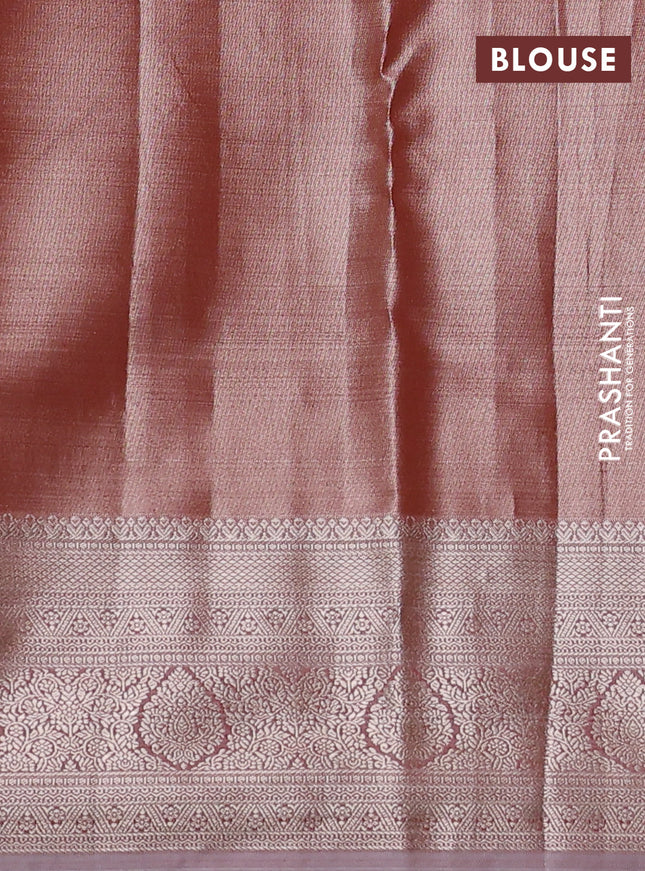 Semi kanchipuram tissue silk saree peach shade with allover silver zari woven brocade weaves and zari woven border