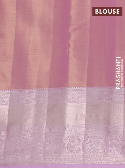 Semi kanchipuram tissue silk saree dual shade of light pink with allover silver zari woven brocade weaves and long zari woven border