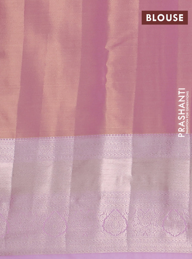 Semi kanchipuram tissue silk saree dual shade of light pink with allover silver zari woven brocade weaves and long zari woven border