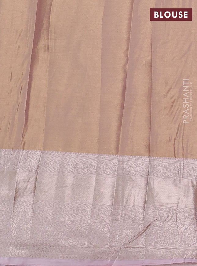 Semi kanchipuram tissue silk saree pastel peach and baby pink with allover silver zari woven brocade weaves and long zari woven border
