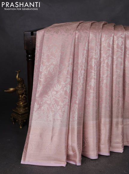 Semi kanchipuram tissue silk saree baby pink with allover silver zari woven brocade weaves and rich zari woven border