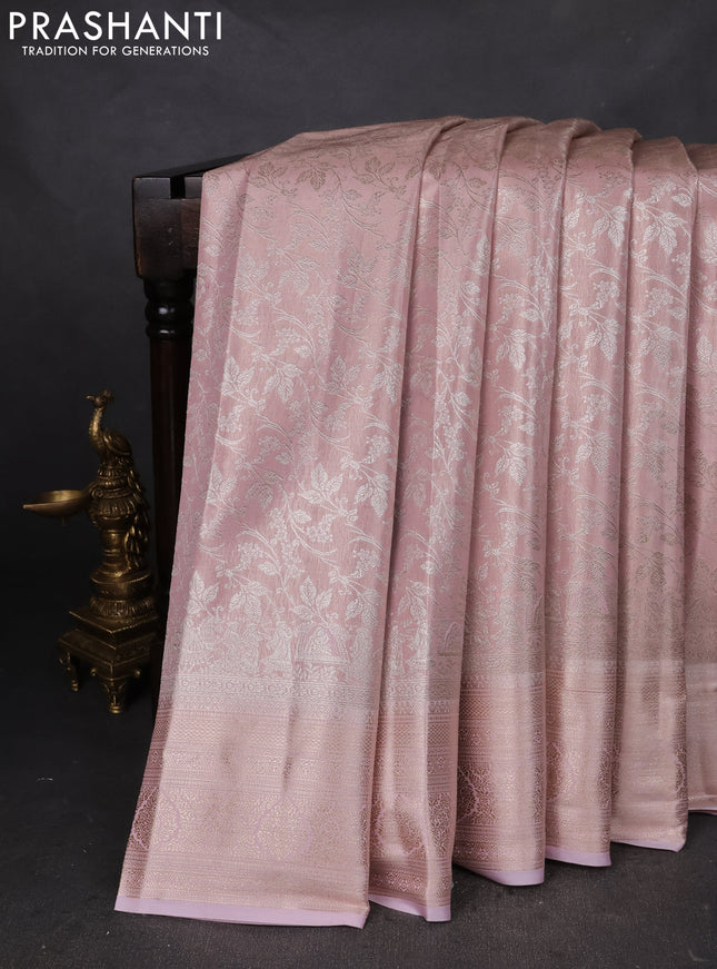 Semi kanchipuram tissue silk saree baby pink with allover silver zari woven brocade weaves and rich zari woven border